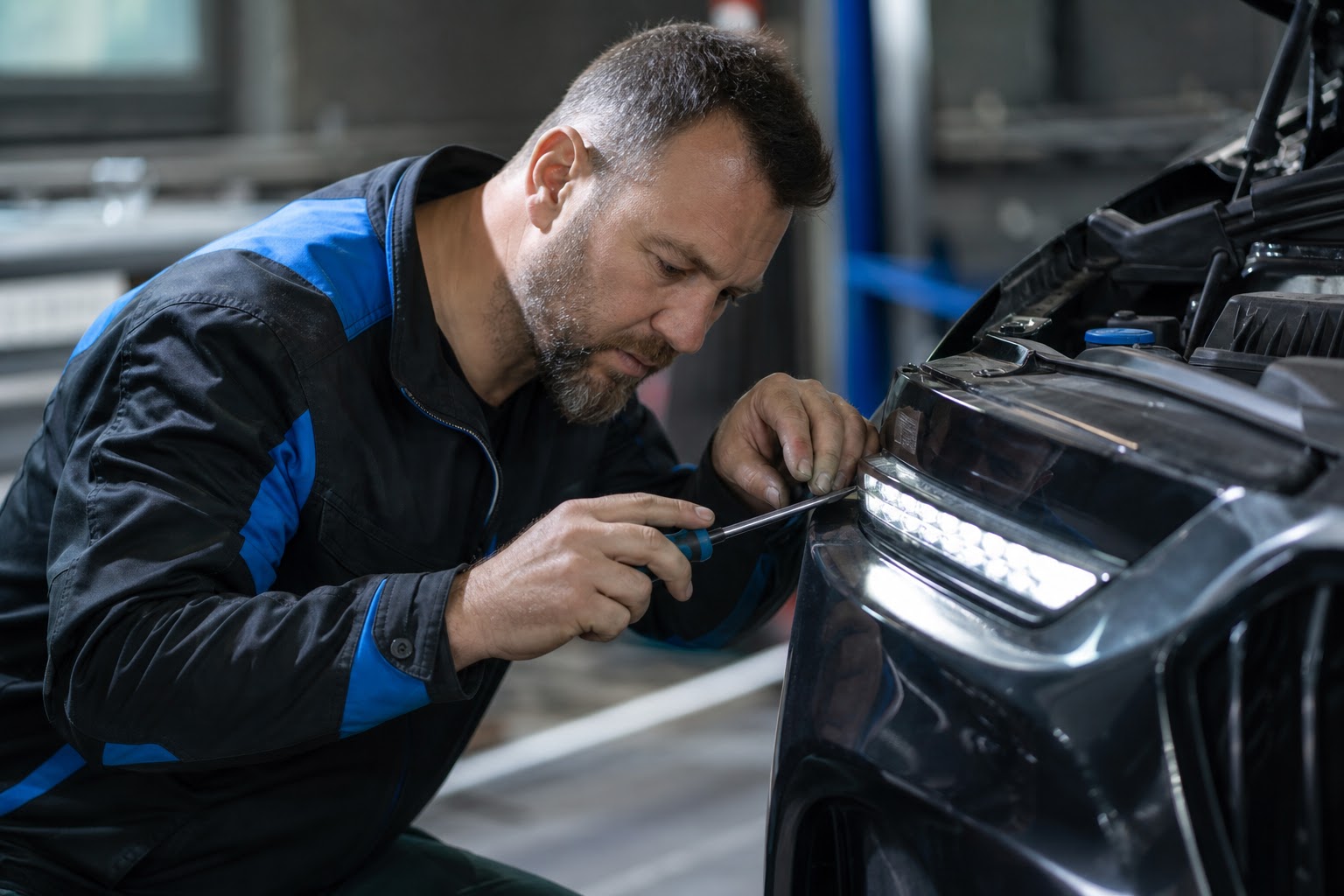 Technik montuje denné LED svetlo na auto